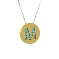 M Baş Harf Kolye - Akuamarin 925 ayar altın kaplama gümüş kolye (40 cm rose altın rolo zincir) #n0qymp