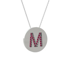 M Baş Harf Kolye - Rodolit garnet 14 ayar beyaz altın kolye (40 cm beyaz altın rolo zincir) #n45ukh
