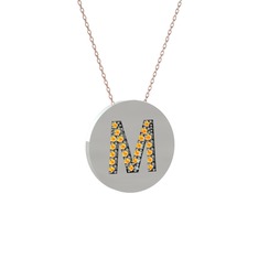 M Baş Harf Kolye - Sitrin 18 ayar beyaz altın kolye (40 cm rose altın rolo zincir) #n78vj