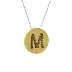 M Baş Harf Kolye - Dumanlı kuvars 8 ayar altın kolye (40 cm gümüş rolo zincir) #rn10ly