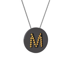 M Baş Harf Kolye - Sitrin 925 ayar siyah rodyum kaplama gümüş kolye (40 cm gümüş rolo zincir) #u1866x