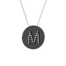 M Baş Harf Kolye - Swarovski 925 ayar siyah rodyum kaplama gümüş kolye (40 cm beyaz altın rolo zincir) #xjanp5