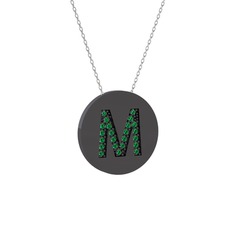 M Baş Harf Kolye - Yeşil kuvars 925 ayar siyah rodyum kaplama gümüş kolye (40 cm beyaz altın rolo zincir) #zd8l1l