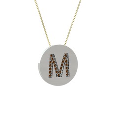 M Baş Harf Kolye - Dumanlı kuvars 14 ayar beyaz altın kolye (40 cm gümüş rolo zincir) #ze9j68