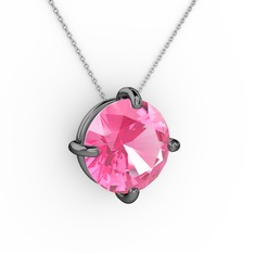 Pembe kuvars 925 ayar siyah rodyum kaplama gümüş kolye (40 cm beyaz altın rolo zincir)