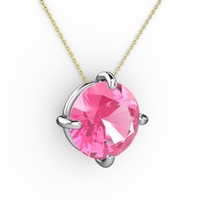Pembe kuvars 18 ayar beyaz altın kolye (40 cm gümüş rolo zincir)