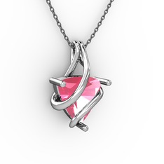 Pembe kuvars 14 ayar beyaz altın kolye (40 cm gümüş rolo zincir)