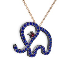 Taşlı Fil Kolye - Lab safir ve rodolit garnet 925 ayar siyah rodyum kaplama gümüş kolye (40 cm rose altın rolo zincir) #10gm90d