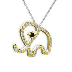 Taşlı Fil Kolye - Swarovski ve siyah zirkon 925 ayar altın kaplama gümüş kolye (40 cm beyaz altın rolo zincir) #10luubu