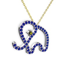 Taşlı Fil Kolye - Lab safir ve peridot 18 ayar beyaz altın kolye (40 cm altın rolo zincir) #10nh5pj
