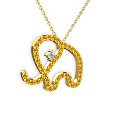 Taşlı Fil Kolye - Sitrin ve beyaz zirkon 18 ayar altın kolye (40 cm altın rolo zincir) #10vu85z
