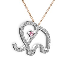 Taşlı Fil Kolye - Pırlanta ve pembe kuvars 8 ayar beyaz altın kolye (0.036 karat, 40 cm rose altın rolo zincir) #111bbjp