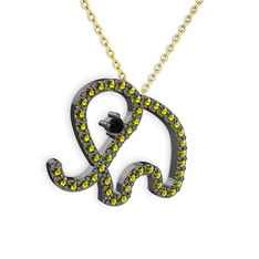 Taşlı Fil Kolye - Peridot ve siyah zirkon 925 ayar siyah rodyum kaplama gümüş kolye (40 cm altın rolo zincir) #115rsoj