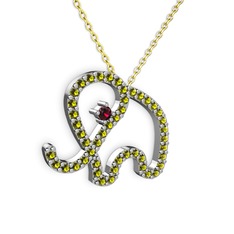 Taşlı Fil Kolye - Peridot ve rodolit garnet 8 ayar beyaz altın kolye (40 cm altın rolo zincir) #11c5z93
