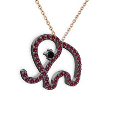 Taşlı Fil Kolye - Rodolit garnet ve siyah zirkon 925 ayar siyah rodyum kaplama gümüş kolye (40 cm rose altın rolo zincir) #11ujl9a