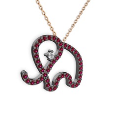 Taşlı Fil Kolye - Rodolit garnet ve beyaz zirkon 925 ayar siyah rodyum kaplama gümüş kolye (40 cm rose altın rolo zincir) #1293gw3