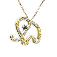 Taşlı Fil Kolye - Pırlanta ve peridot 14 ayar altın kolye (0.036 karat, 40 cm rose altın rolo zincir) #12c0u51