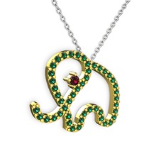 Taşlı Fil Kolye - Yeşil kuvars ve rodolit garnet 8 ayar altın kolye (40 cm beyaz altın rolo zincir) #12mmexq