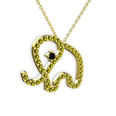 Taşlı Fil Kolye - Peridot ve siyah zirkon 18 ayar altın kolye (40 cm altın rolo zincir) #12s0lno