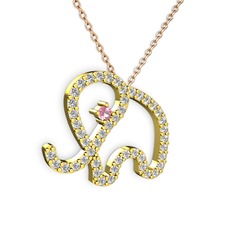 Taşlı Fil Kolye - Swarovski ve pembe kuvars 8 ayar altın kolye (40 cm rose altın rolo zincir) #14ru14h