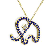 Taşlı Fil Kolye - Lab safir ve swarovski 14 ayar altın kolye (40 cm altın rolo zincir) #14si9i