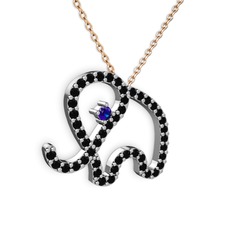 Taşlı Fil Kolye - Siyah zirkon ve lab safir 925 ayar gümüş kolye (40 cm rose altın rolo zincir) #153xf0c