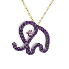 Taşlı Fil Kolye - Ametist ve pembe kuvars 925 ayar siyah rodyum kaplama gümüş kolye (40 cm altın rolo zincir) #1565q2c