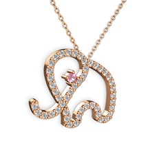 Taşlı Fil Kolye - Beyaz zirkon ve pembe kuvars 14 ayar rose altın kolye (40 cm rose altın rolo zincir) #15fnxco