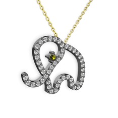 Taşlı Fil Kolye - Beyaz zirkon ve peridot 925 ayar siyah rodyum kaplama gümüş kolye (40 cm gümüş rolo zincir) #15zsoky