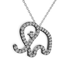 Pırlanta ve beyaz zirkon 925 ayar siyah rodyum kaplama gümüş kolye (0.036 karat, 40 cm beyaz altın rolo zincir)