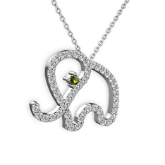 Taşlı Fil Kolye - Pırlanta ve peridot 18 ayar beyaz altın kolye (0.036 karat, 40 cm beyaz altın rolo zincir) #187iue3