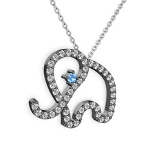 Taşlı Fil Kolye - Beyaz zirkon ve akuamarin 925 ayar siyah rodyum kaplama gümüş kolye (40 cm gümüş rolo zincir) #18glyyf