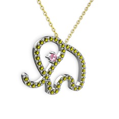 Peridot ve pembe kuvars 925 ayar gümüş kolye (40 cm altın rolo zincir)