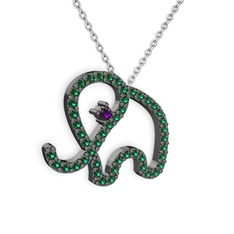 Taşlı Fil Kolye - Yeşil kuvars ve ametist 925 ayar siyah rodyum kaplama gümüş kolye (40 cm beyaz altın rolo zincir) #18jov9t