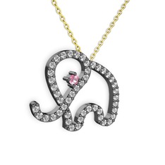 Taşlı Fil Kolye - Beyaz zirkon ve pembe kuvars 925 ayar siyah rodyum kaplama gümüş kolye (40 cm altın rolo zincir) #194os47