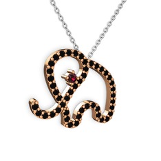 Taşlı Fil Kolye - Siyah zirkon ve rodolit garnet 8 ayar rose altın kolye (40 cm gümüş rolo zincir) #195asph