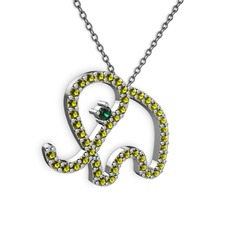 Taşlı Fil Kolye - Peridot ve yeşil kuvars 14 ayar beyaz altın kolye (40 cm gümüş rolo zincir) #19aif9s