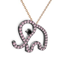Taşlı Fil Kolye - Pembe kuvars ve siyah zirkon 925 ayar siyah rodyum kaplama gümüş kolye (40 cm rose altın rolo zincir) #19chhm5