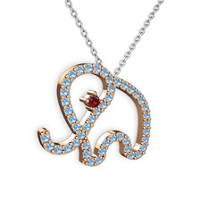 Taşlı Fil Kolye - Akuamarin ve garnet 8 ayar rose altın kolye (40 cm beyaz altın rolo zincir) #19folto