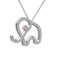 Taşlı Fil Kolye - Swarovski ve pembe kuvars 14 ayar beyaz altın kolye (40 cm beyaz altın rolo zincir) #19q4gzd