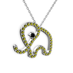 Taşlı Fil Kolye - Peridot ve siyah zirkon 925 ayar gümüş kolye (40 cm beyaz altın rolo zincir) #1a1bnb8