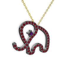 Taşlı Fil Kolye - Garnet ve ametist 925 ayar siyah rodyum kaplama gümüş kolye (40 cm altın rolo zincir) #1ae7id8