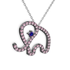 Taşlı Fil Kolye - Pembe kuvars ve lab safir 925 ayar siyah rodyum kaplama gümüş kolye (40 cm gümüş rolo zincir) #1asb60v