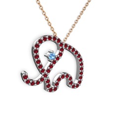 Garnet ve akuamarin 8 ayar beyaz altın kolye (40 cm rose altın rolo zincir)
