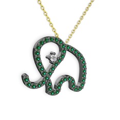 Taşlı Fil Kolye - Yeşil kuvars ve pırlanta 925 ayar siyah rodyum kaplama gümüş kolye (0.517 karat, 40 cm altın rolo zincir) #1cc1vk6