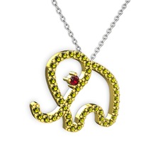 Taşlı Fil Kolye - Peridot ve garnet 14 ayar altın kolye (40 cm beyaz altın rolo zincir) #1cy0a80