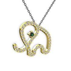 Taşlı Fil Kolye - Swarovski ve yeşil kuvars 18 ayar altın kolye (40 cm gümüş rolo zincir) #1d1cpcf