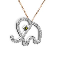 Taşlı Fil Kolye - Pırlanta ve peridot 925 ayar gümüş kolye (0.036 karat, 40 cm rose altın rolo zincir) #1eommi4