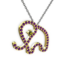 Taşlı Fil Kolye - Ametist ve peridot 8 ayar altın kolye (40 cm gümüş rolo zincir) #1eplgjo