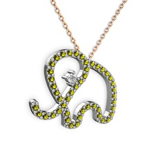 Taşlı Fil Kolye - Peridot ve beyaz zirkon 18 ayar beyaz altın kolye (40 cm rose altın rolo zincir) #1fe4ras